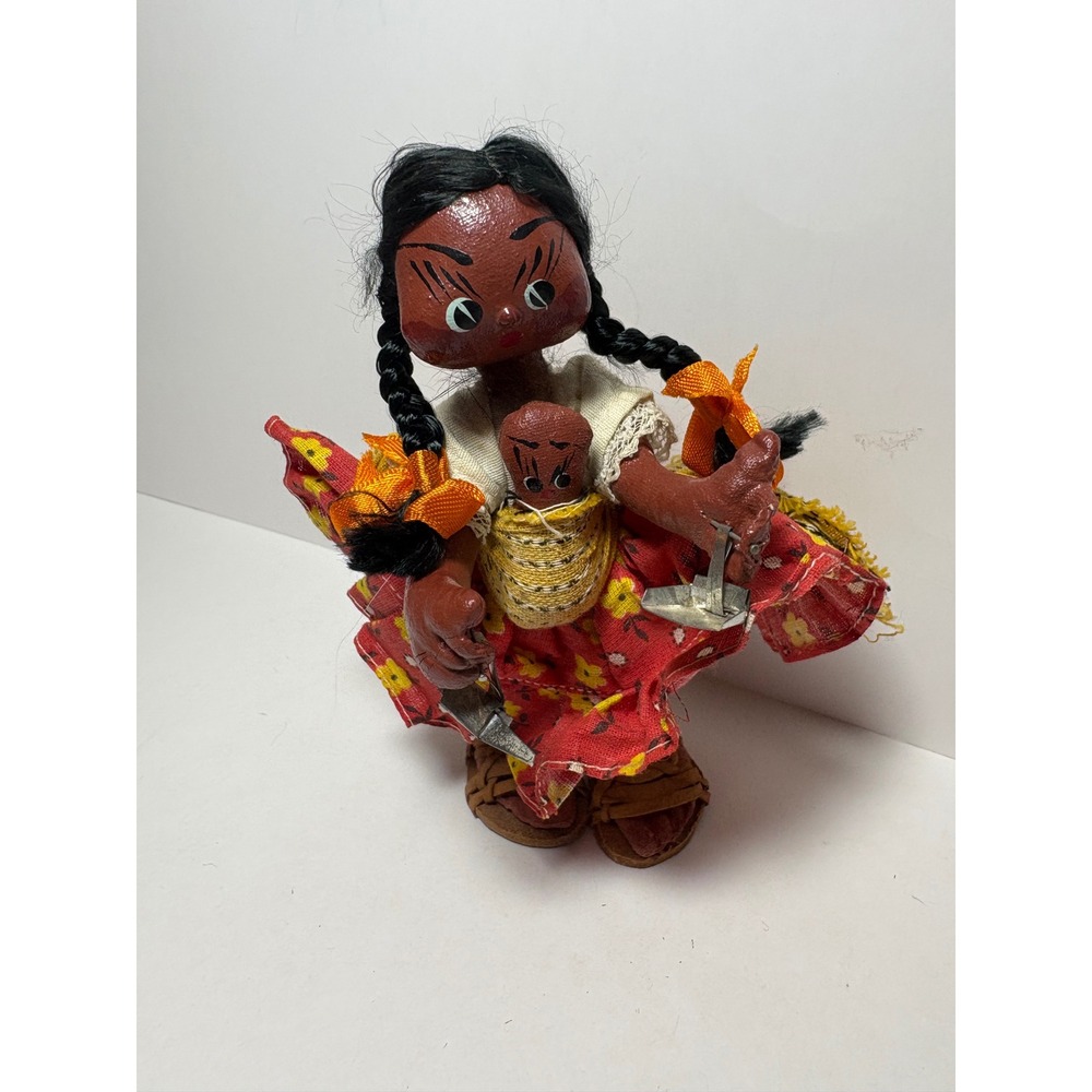 Vintage Handmade Folk Art Doll Mother and Baby in Sling w Attached Tools